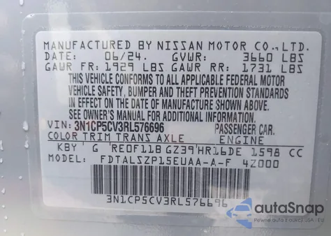 2024 Nissan Kicks Sv Xtronic Cvt z USA, uszkodzony, nr VIN 3N1CP5CV3RL576696